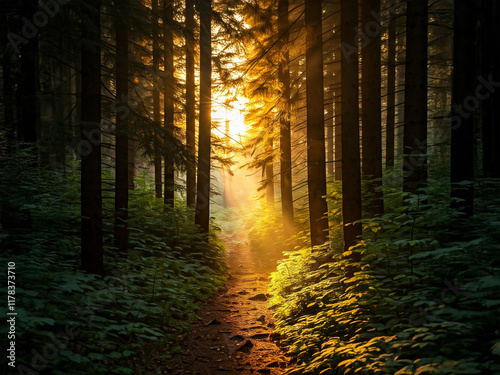 A sunlit forest path with tall trees and lush green foliage, bathed in golden light filtering through the canopy, creating a serene and enchanting atmosphere