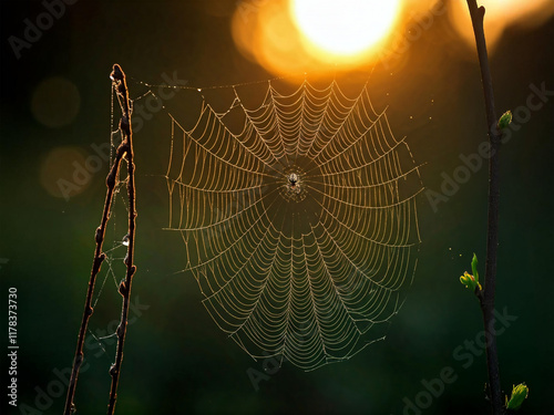 A glistening spiderweb shimmers in the warm glow of a setting sun. Dew drops cling to the delicate threads, creating a mesmerizing spectacle of nature