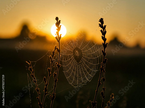 A spider web glistens in the golden light of sunrise, intricately woven between two plants, creating a captivating and serene natural scene