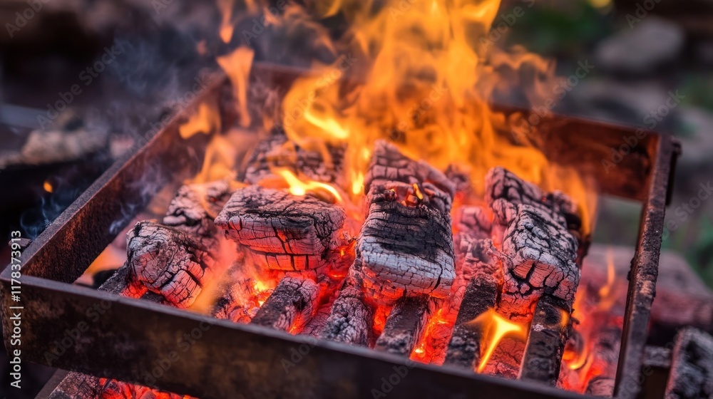 Close-up of glowing embers and flames in a metal fire pit. Close-up of glowing embers and flames in a metal fire pit.