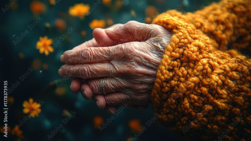 Elderly woman's praying hands amidst falling petals, suitable for spirituality themes Elderly woman's praying hands amidst falling petals, suitable for spirituality themes