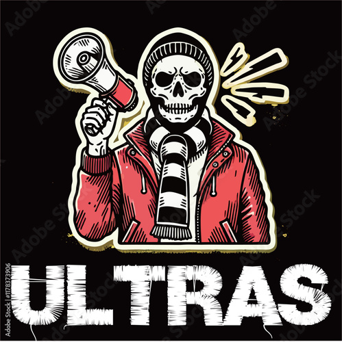 illustration vector graphic of Skull head Football fans ultras hooligan wear red hoodie with red white scarf design for logo, t-shirt, etc