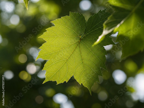 Close-up of a green grapevine leaf with visible veins, set against a blurred background, creating a natural and serene atmosphere