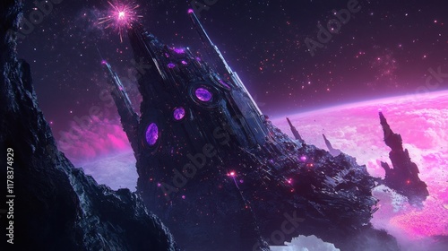 Futuristic space station on alien planet with purple lights and fireworks.
