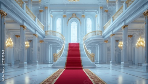 Grand Palace Interior with Red Carpet Staircase. photo
