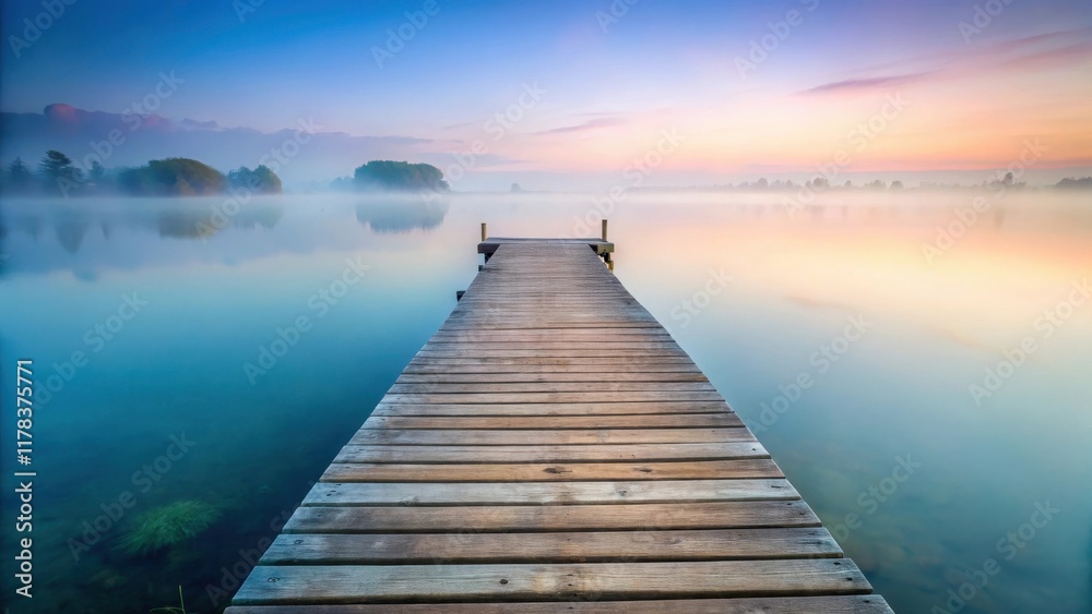 Serene Sunrise Wooden Dock Extending into Misty Lake Waters at Dawn Serene Sunrise Wooden Dock Extending into Misty Lake Waters at Dawn