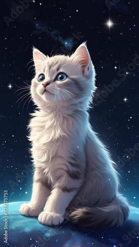 cat wallpaper cute cartoon,Playful kitten with fluffy tail, surrounded by tiny stars in space

