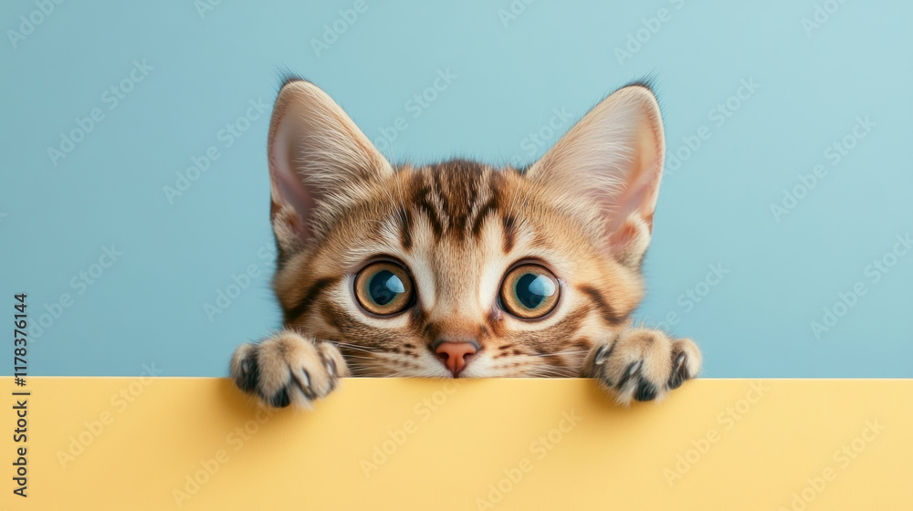 Curious kitten peeking over a colorful background Curious kitten peeking over a colorful background