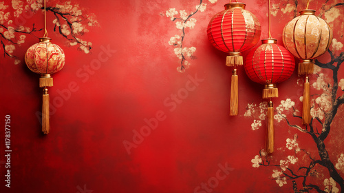 Chinese New Year Lanterns with Gold and Red Decorations for the Holiday Season photo