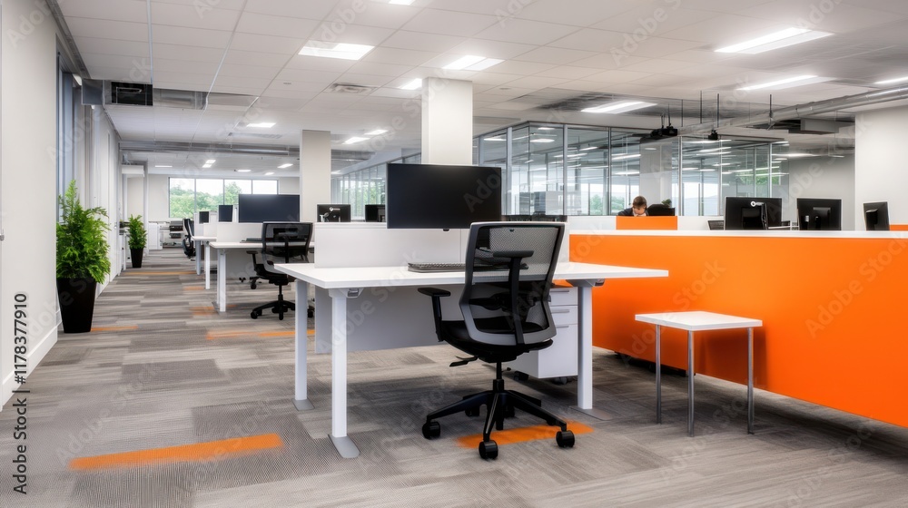 Modern office space with desks, chairs, and bright accents. Modern office space with desks, chairs, and bright accents.