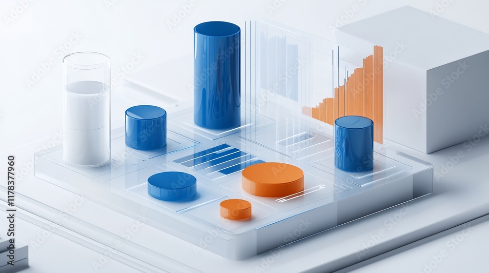 Abstract 3D data visualization with blue and orange cylinders and charts on a glass platform. Abstract 3D data visualization with blue and orange cylinders and charts on a glass platform.