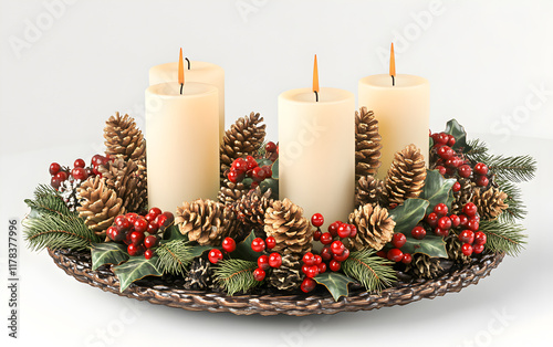 Elegant arrangement of candles encircled by pinecones and berries evoking the essence of the season photo