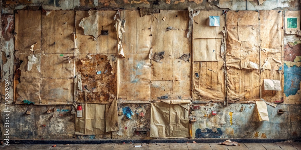 A wall of aged, tattered papers, remnants of a bygone era, revealing layers of history through its weathered surface and decaying textures. A wall of aged, tattered papers, remnants of a bygone era, revealing layers of history through its weathered surface and decaying textures.