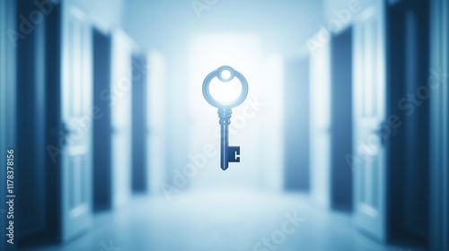 A glowing key hovers in a dimly lit corridor, symbolizing access, opportunity, and potential paths ahead.