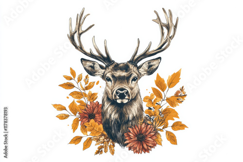 Vintage style deer illustration with autumn flowers and leaves photo