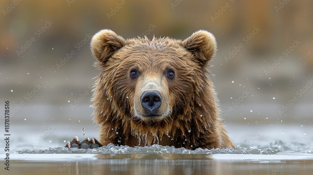 Fototapeta premium Brown bear swimming in a river with an out of focus background, for nature.