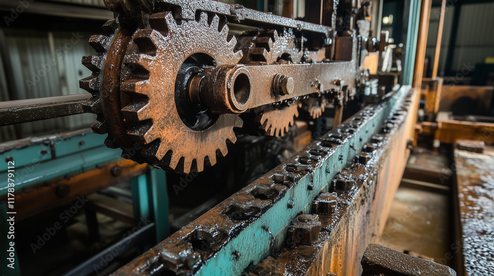 Industrial machinery and engineering mechanism with gears and cogs at work showcasing precision manufacturing technology






