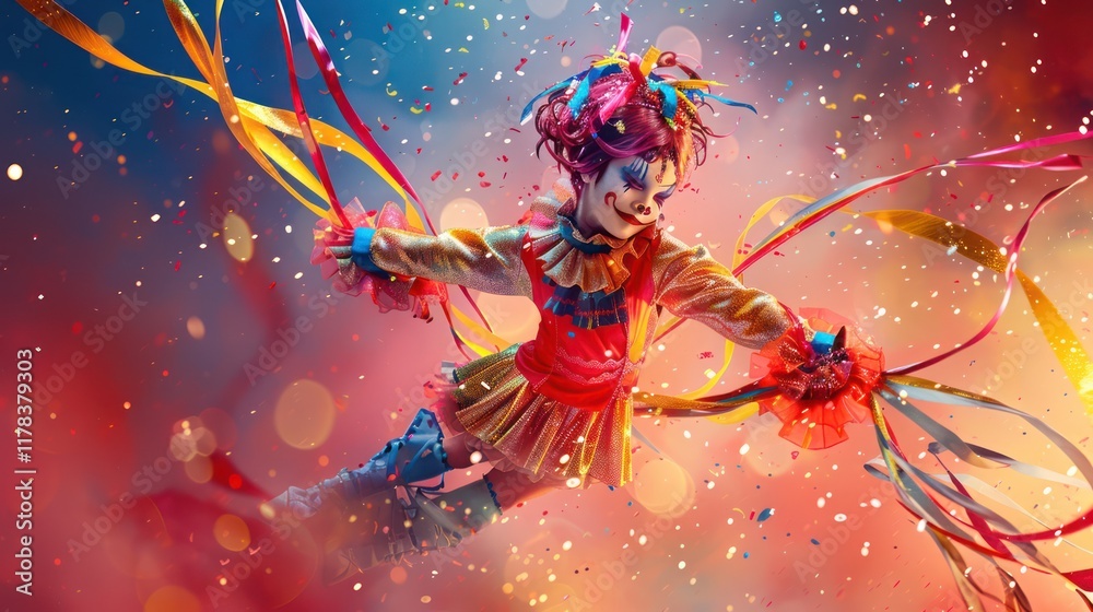 The clown danced very agilely with several supporting ornaments. The clown danced very agilely with several supporting ornaments.