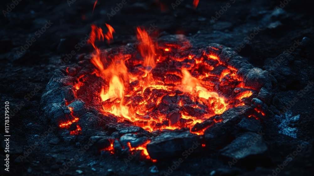 Bright orange and red flames burning in a dark stone pit. Bright orange and red flames burning in a dark stone pit.
