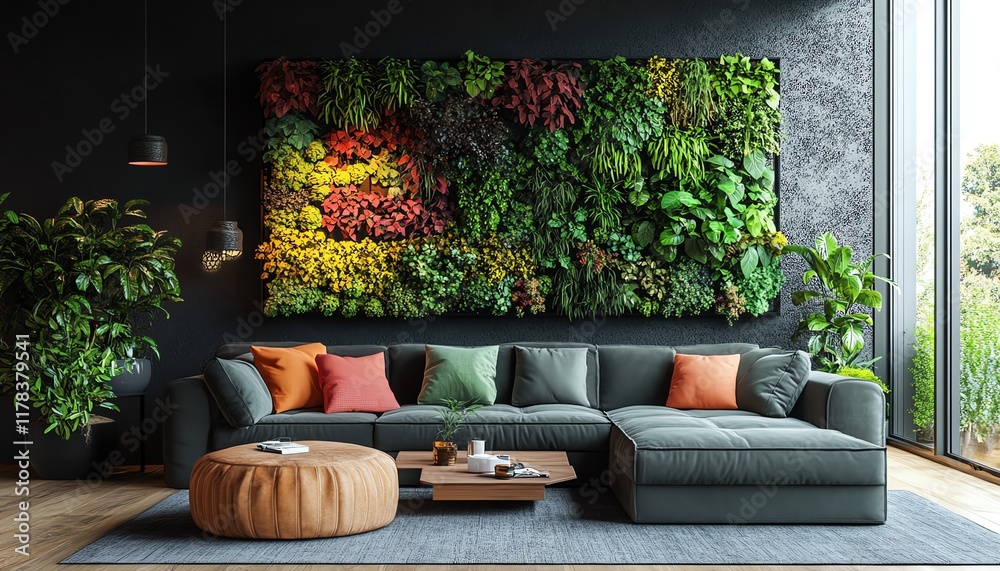 Fototapeta premium Stylish and sustainable living room featuring a vibrant vertical garden, cozy sofa, and ecofriendly furniture, creating a relaxing and harmonious atmosphere, ultradetailed shot