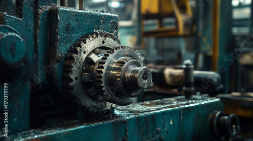 Industrial machinery and engineering mechanism with gears and cogs at work showcasing precision manufacturing technology






