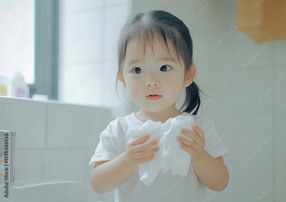 Adorable Little Girl Drying Her Hands with Tissues in a Clean Bathroom Adorable Little Girl Drying Her Hands with Tissues in a Clean Bathroom