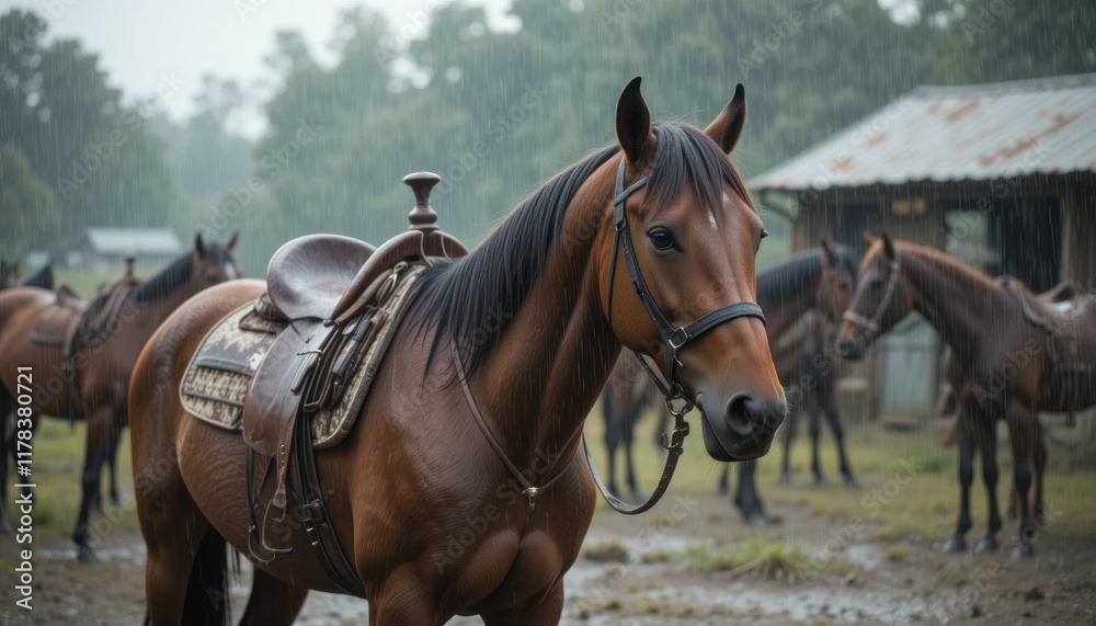 Brown horse with a saddle standing in the rain at a ranch with other horses in the background Brown horse with a saddle standing in the rain at a ranch with other horses in the background