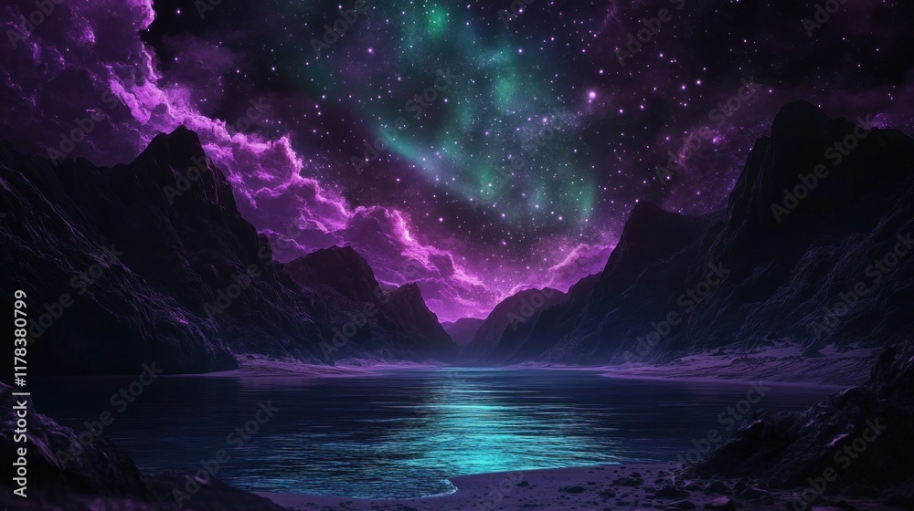 Naklejka premium Night sky with aurora over lake, dark mountains in the background, for travel or fantasy