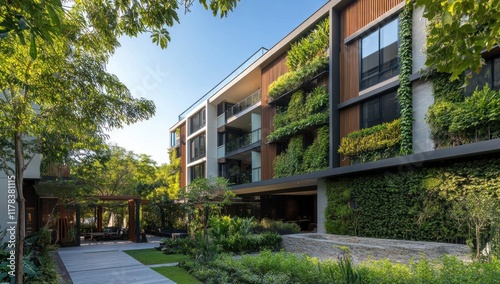 Modern apartment building with green wall and lush landscaping.