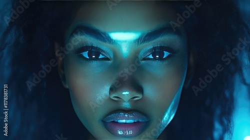 Close-up portrait of a person with illuminated face in a blurry background.