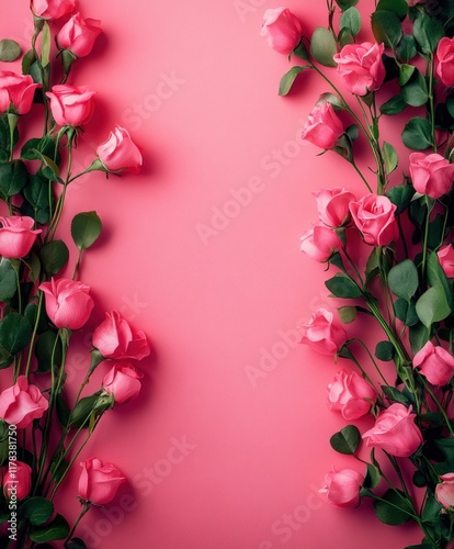 Delicate pink roses bloom against a soft pink backdrop, their vibrant petals contrasting beautifully with lush green leaves, evoking love and romance.