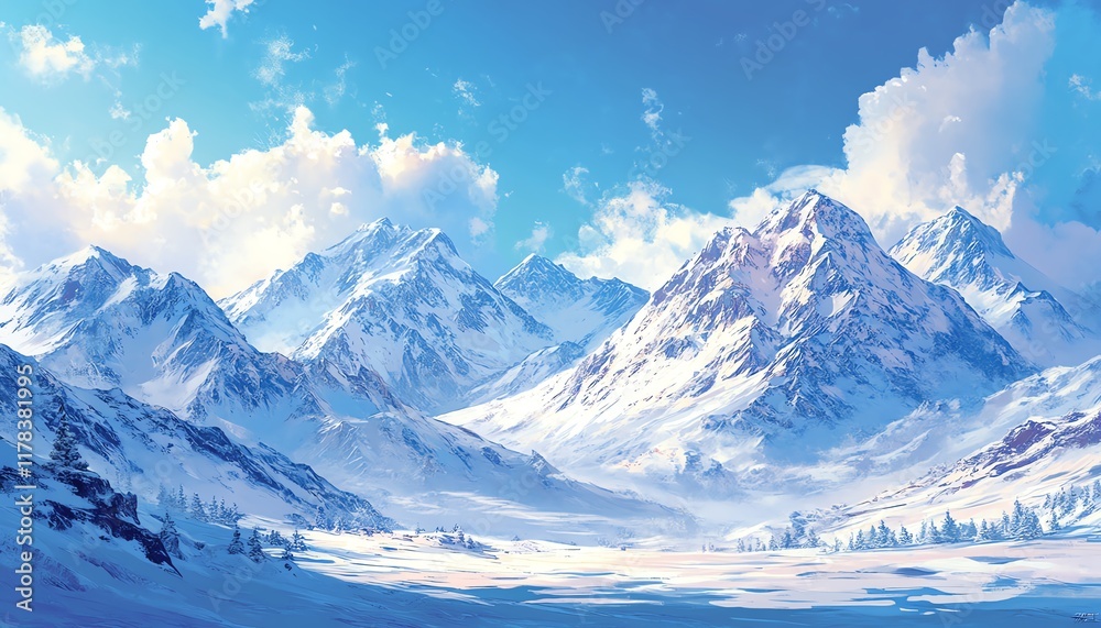 Obraz premium White snowcovered mountains with vibrant blue sky, evoking the spirit of travel, vacation, resilience, and overcoming challenges, detailed scenic landscape