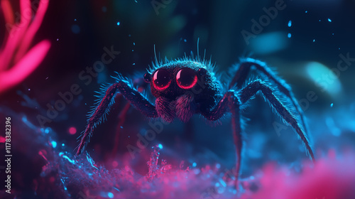 Close-up of a hairy spider on a dark blue background photo