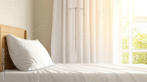 bright hospital room with sunlight streaming through white curtains