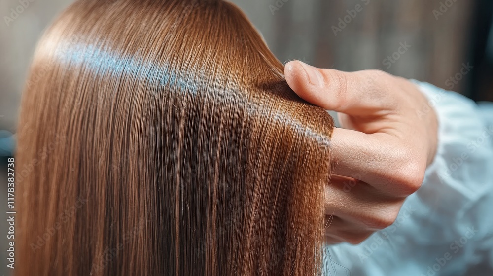 Fototapeta premium Master barber shows healthy texture of client hair after restoration, nutrition and dyeing procedure