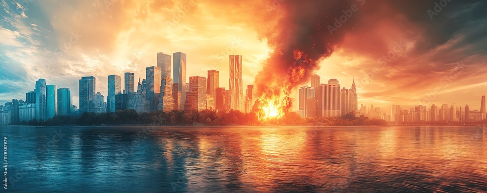 Fototapeta premium Earth with a cityscape and small fire, illustrating global warming, economic crisis, and the need for climate change action, economic sustainability concept, ultradetailed visual