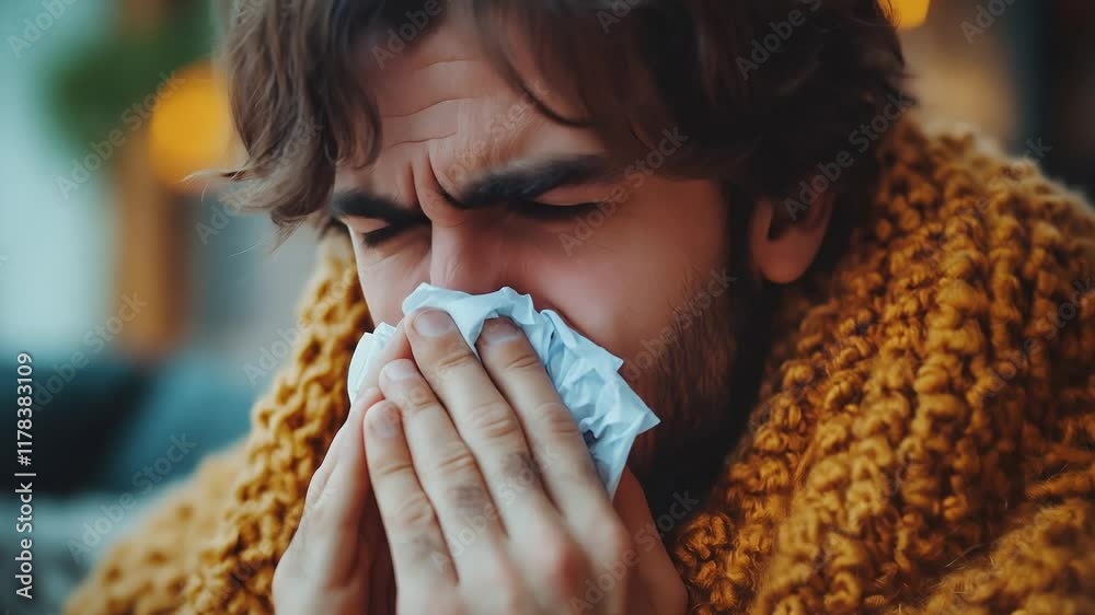 Sick, coronavirus or covid, tired caucasian young woman have a fever, flu and hand in use tissues paper sneezing nose at home. Health care with disease, pandemic virus.