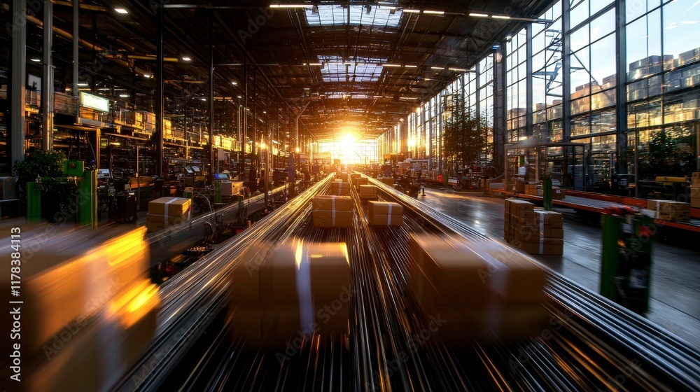 Fototapeta premium Automated Warehouse Fast Paced Conveyor Belt System Packages Logistics Industry 4 0 D