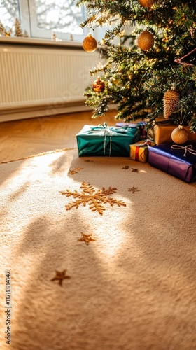 Cozy Christmas Morning  Presents Under Tree  Sunlit Floor photo