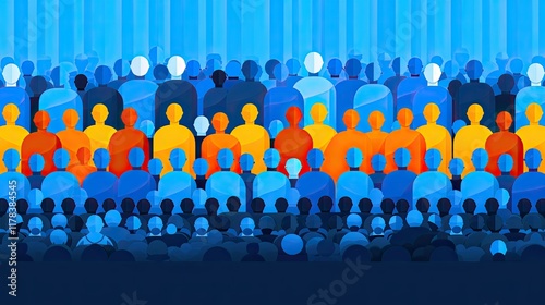 Crowd of people in blue, yellow and orange in front of a blue background.