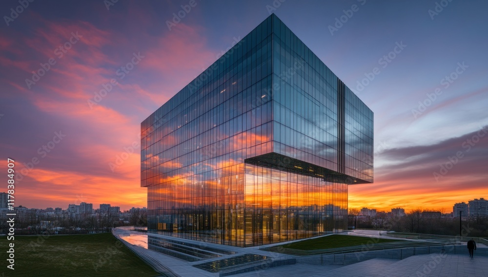 Obraz premium Modern glass building reflecting sunset.