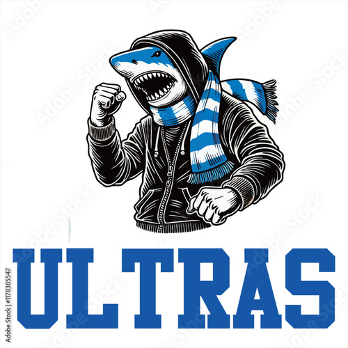 Shark illustration vector graphic of Football fans ultras hooligan with red white scarf design for logo, t-shirt, etc
