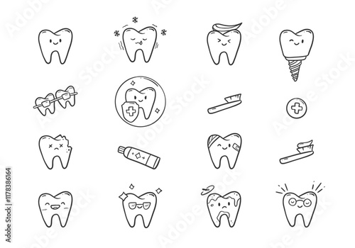 Set dental clinic tooth icon cartoon doodle illustration with bold hand drawing outline include happy clean tooth, dirty, shining, caries, sensitive and cold, implant