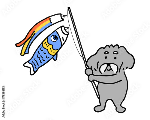 鯉のぼりを振る手描きの犬