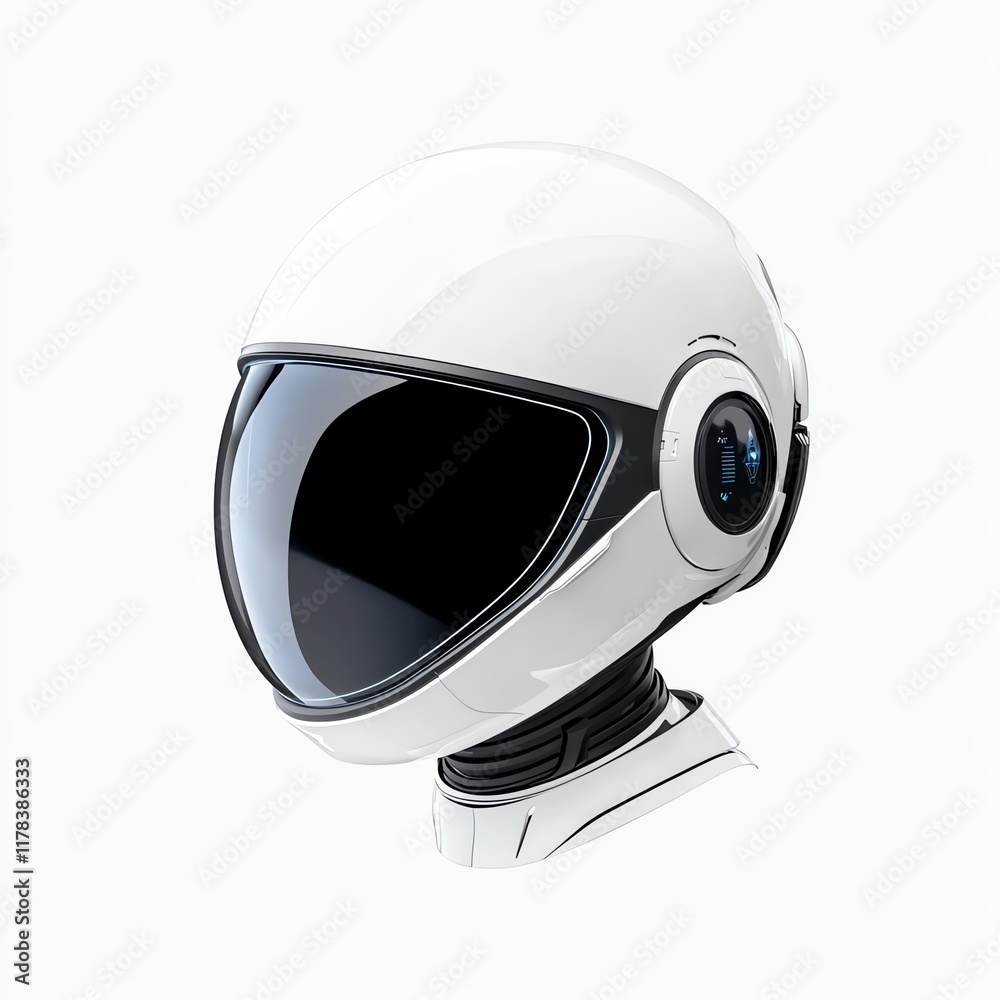 Fototapeta premium A sleek, futuristic white helmet designed for space or sci-fi themes, featuring a large visor and a high-tech appearance.