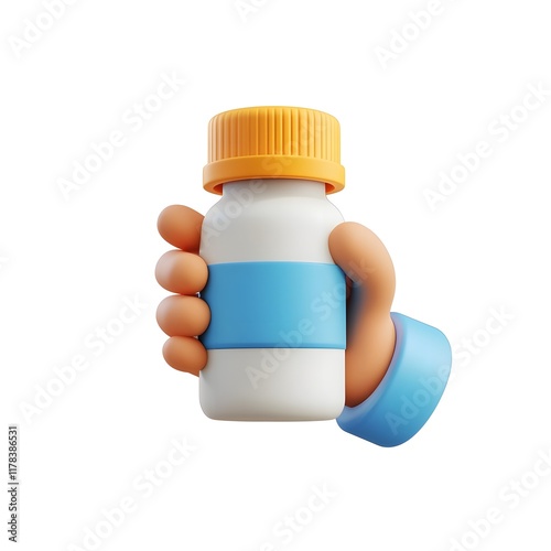 Minimalist 3D Medicine Bottle Held by Cartoon Hand in Bright Blue Uniform