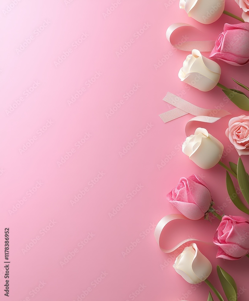 A romantic display of pink and white flowers adorned with a delicate ribbon, set against a soft pink backdrop, perfect for celebrating love on Valentine's Day. A romantic display of pink and white flowers adorned with a delicate ribbon, set against a soft pink backdrop, perfect for celebrating love on Valentine's Day.