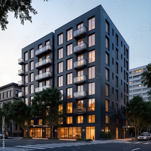 Modern multifamily residential building in San Francisco South of Market district. Stylish contemporary design with dark exterior. Building balconies, lit windows suggesting residents inside. Urban photo