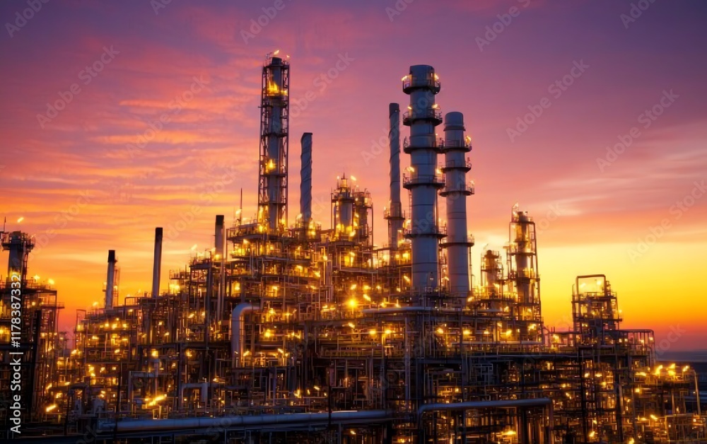 Fototapeta premium Refinery at sunset with golden light highlighting industrial strength, intricate pipelines, towering structures, and a vivid sky, ultradetailed industrial scene