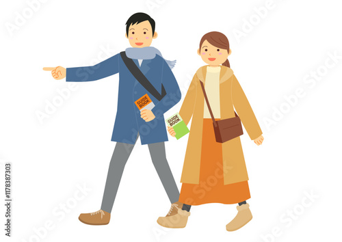 冬に観光をする男女のイラストのイメージ
